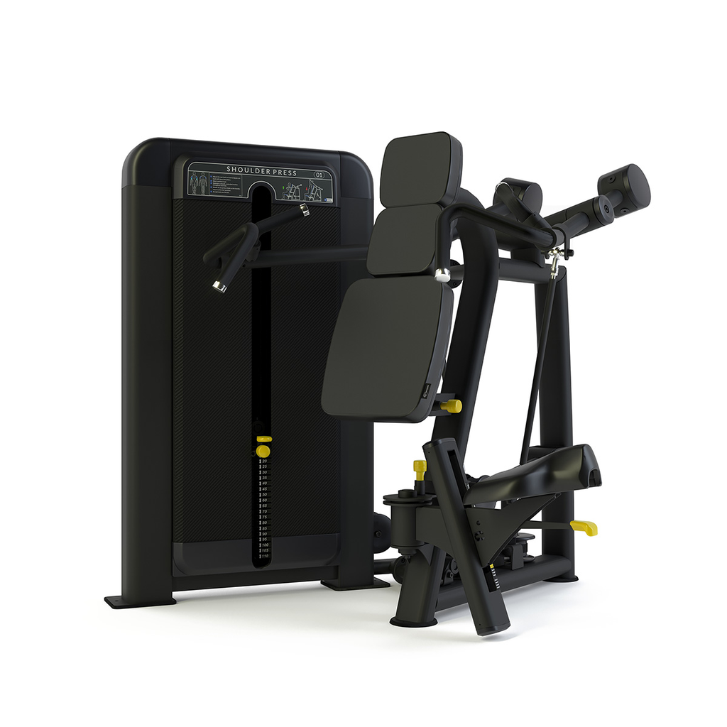 [PLS-STR-SHPRS-007] Pulse Premium Shoulder Press (Converging Axis) 1x100kg Weight Stack Tower with 10.1" Touchscreen Console in Sand Black with Ca