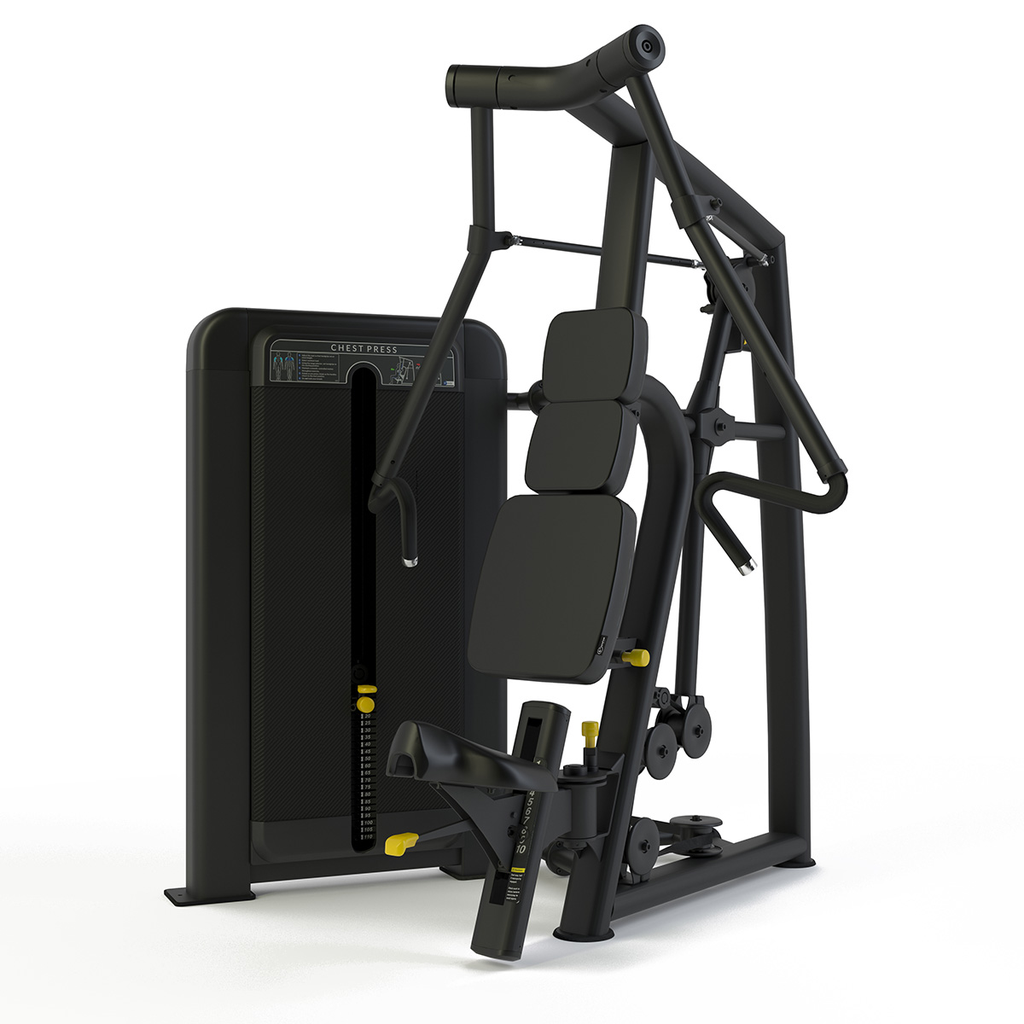 [PLS-STR-CHPRS-003] Pulse Club Line Inclusive Chest Press (Converging Axis) IFI 1x100kg Weight Stack Tower in Sand Black with Black Upholstery