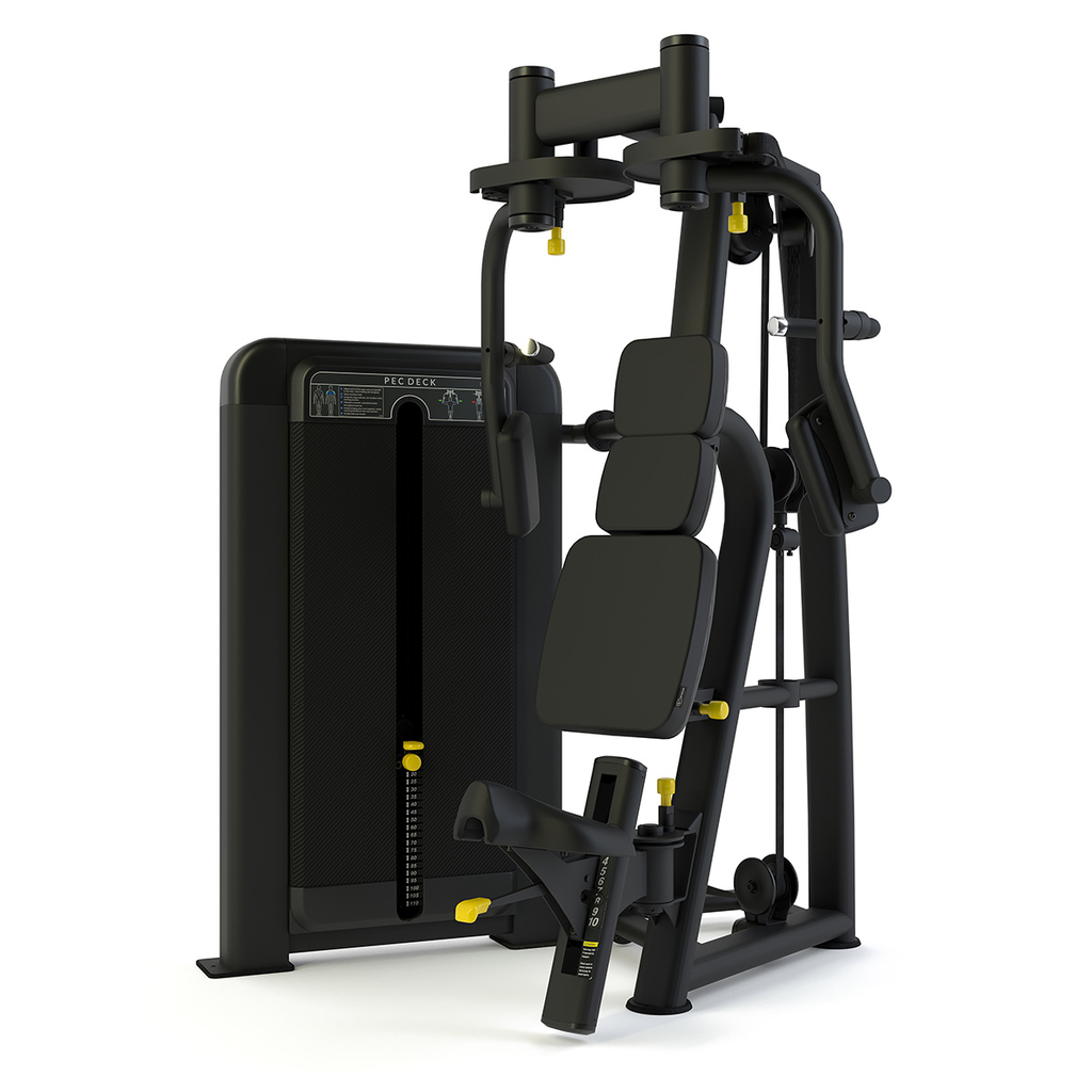 [PLS-STR-MACH-002] Pulse Club Line Pec Deck (Independent Arm) 1x100kg Weight Stack Tower in Sand Black with Carbon Fibre Upholstery Blue Stitchin