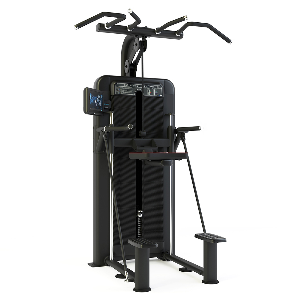 [PLS-STR-MACH-018] Pulse Premium Assisted Chin and Dip 1x100kg Weight Stack Tower with 10.1" (Cirrus V4) Touchscreen Console in Sand Black with C