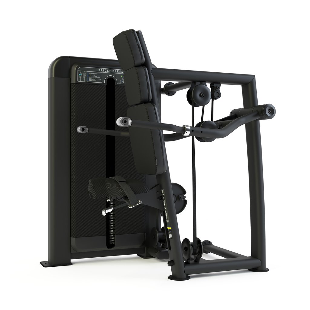 [PLS-STR-MACH-035] Pulse Premium Tricep Press1x100kg Weight Stack Tower with 10.1" Touchscreen Console in Sand Black with Carbon Fibre Upholstery