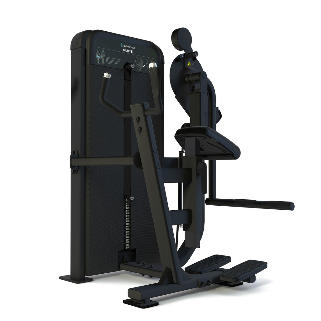 [PLS-STR-MACH-099] Pulse Club Line Glute1x100kg Weight Stack Tower in Sand Black with Carbon Fibre Upholstery Blue Stitching