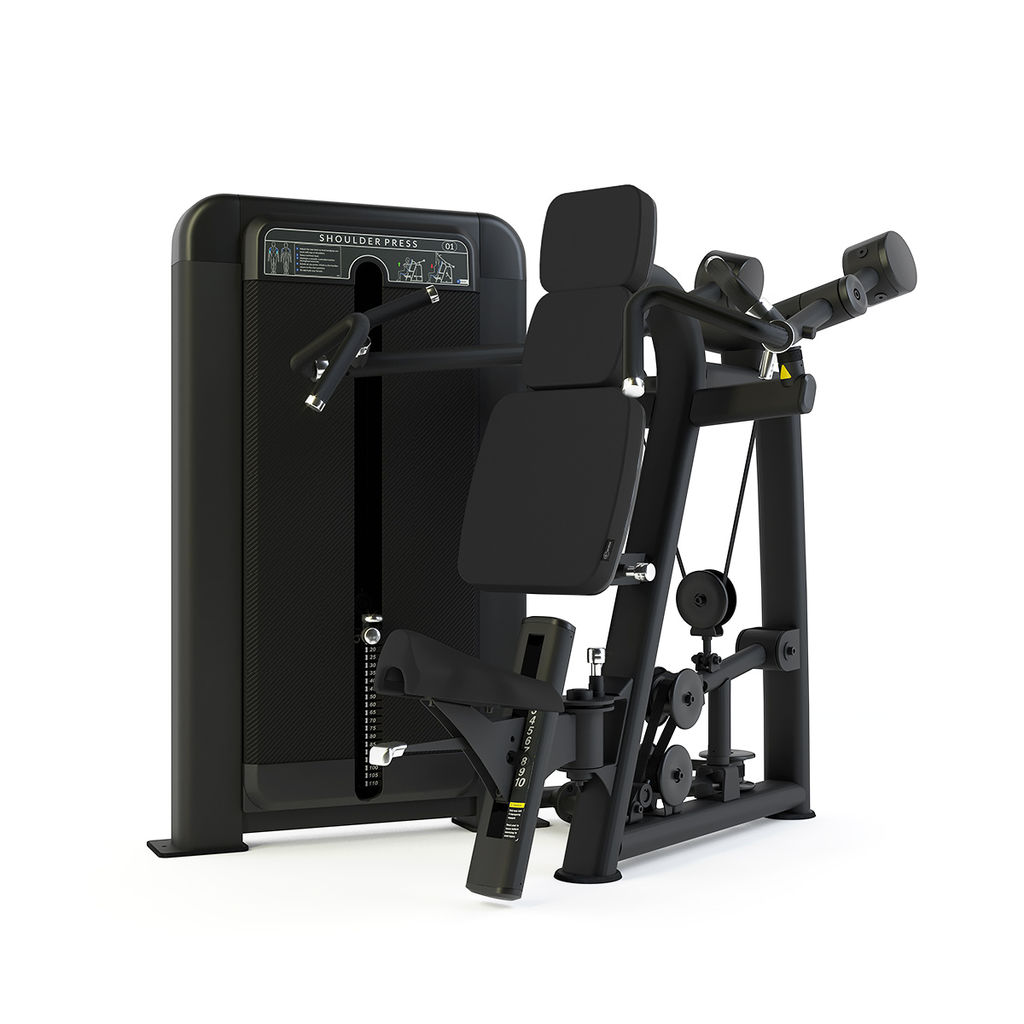 [PLS-STR-SHPRS-013] Pulse Club Line Shoulder Press (Converging Axis / Independent Arm) 1x100kg Weight Stack Tower in Sand Black with Black Upholst