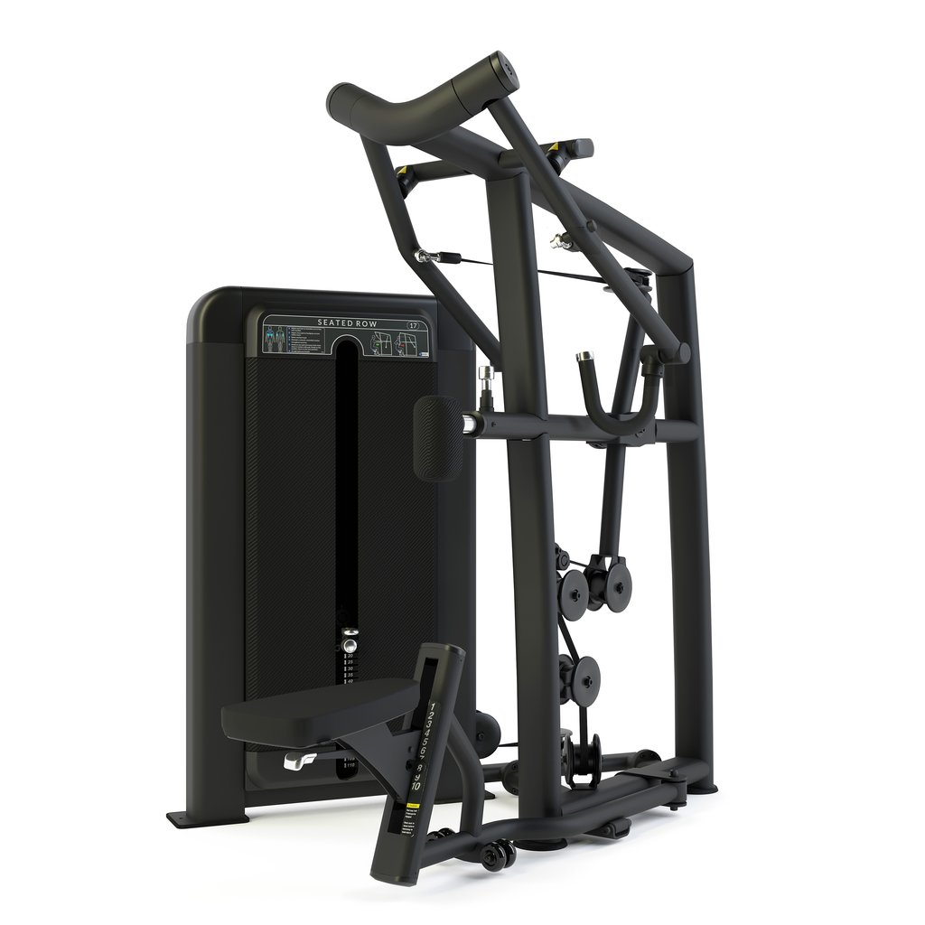 [PLS-STR-MACH-137] Pulse Club Line Seated Row (Converging Axis / Independent Arm) 1x100kg Weight Stack Tower in Sand Black with Black Upholstery