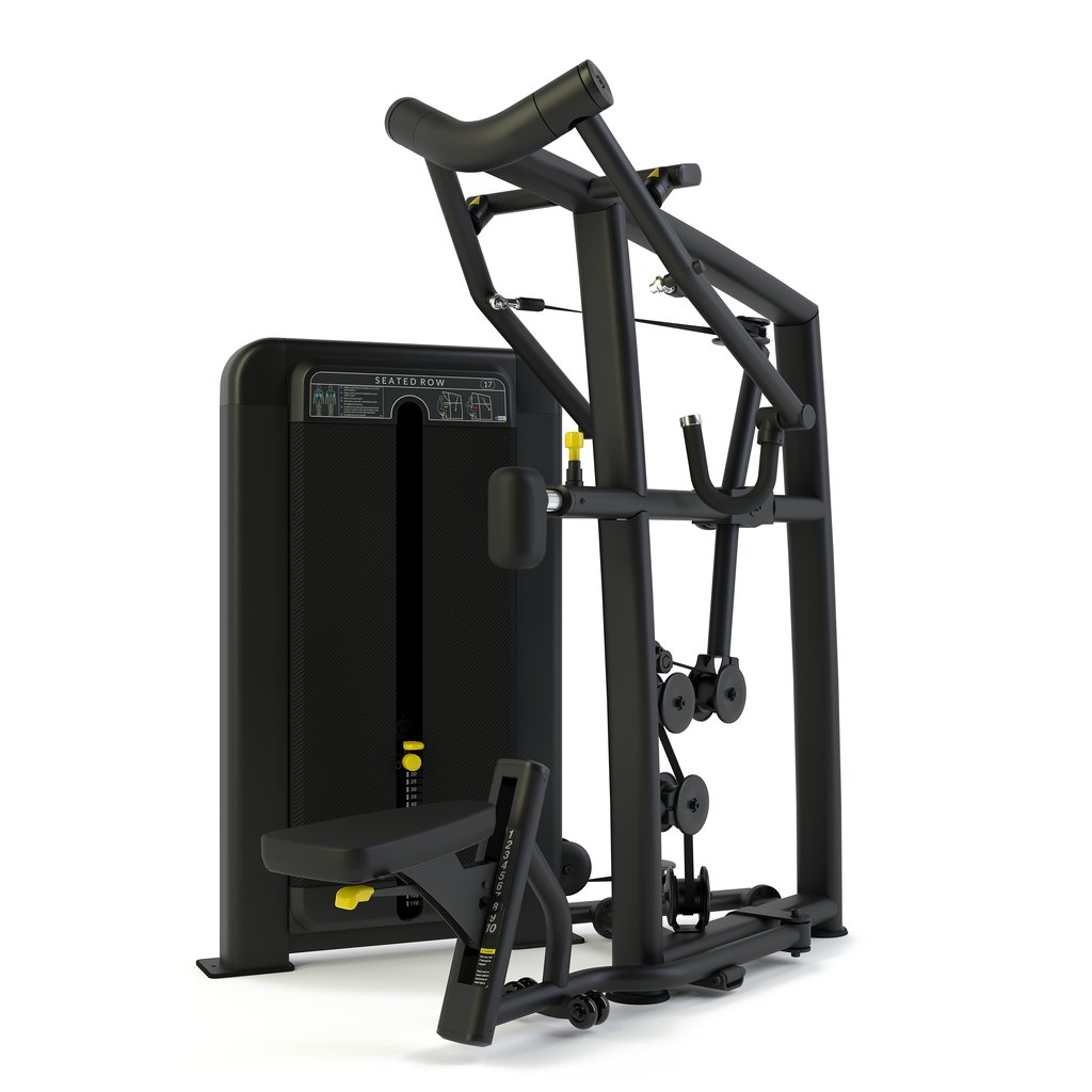 [PLS-STR-MACH-139] Pulse Club Line Inclusive Seated Row (Converging Axis / Independent Arm) IFI 1x100kg Weight Stack Tower in Sand Black with Bla