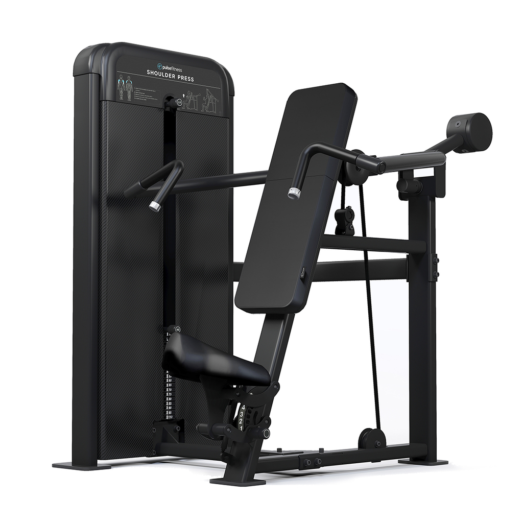 [PLS-STR-SHPRS-028] Pulse Premium Shoulder Press (Dependent Arm) 1x80kg Weight Stack Tower with 10.1" (Cirrus V4) Touchscreen Console in Sand Blac