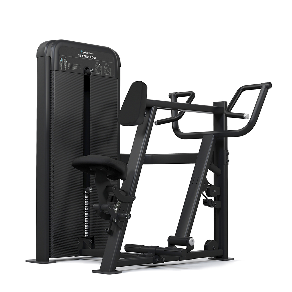 [PLS-STR-MACH-199] Pulse Classic Seated Row (Dependent Arm) 1x80kg Weight Stack Tower in Sand Black with Black Upholstery