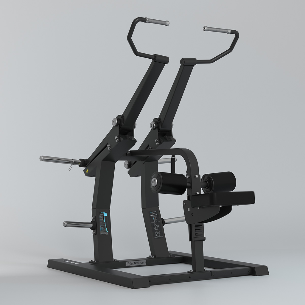 [PLS-STR-PLATE-014] Pulse Club Line Lat. Pulldown (Independent Arm) 200kg Total Plate Capacity in Sand Black with Carbon Fibre Upholstery Blue Sti