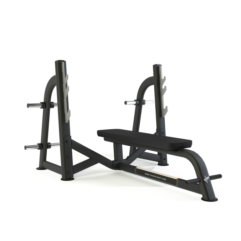 [PLS-STR-PLATE-037] Pulse Club Line Olympic Horizontal Bench Press (inc. disc storage) in Sand Black with Carbon Fibre Upholstery Blue Stitching