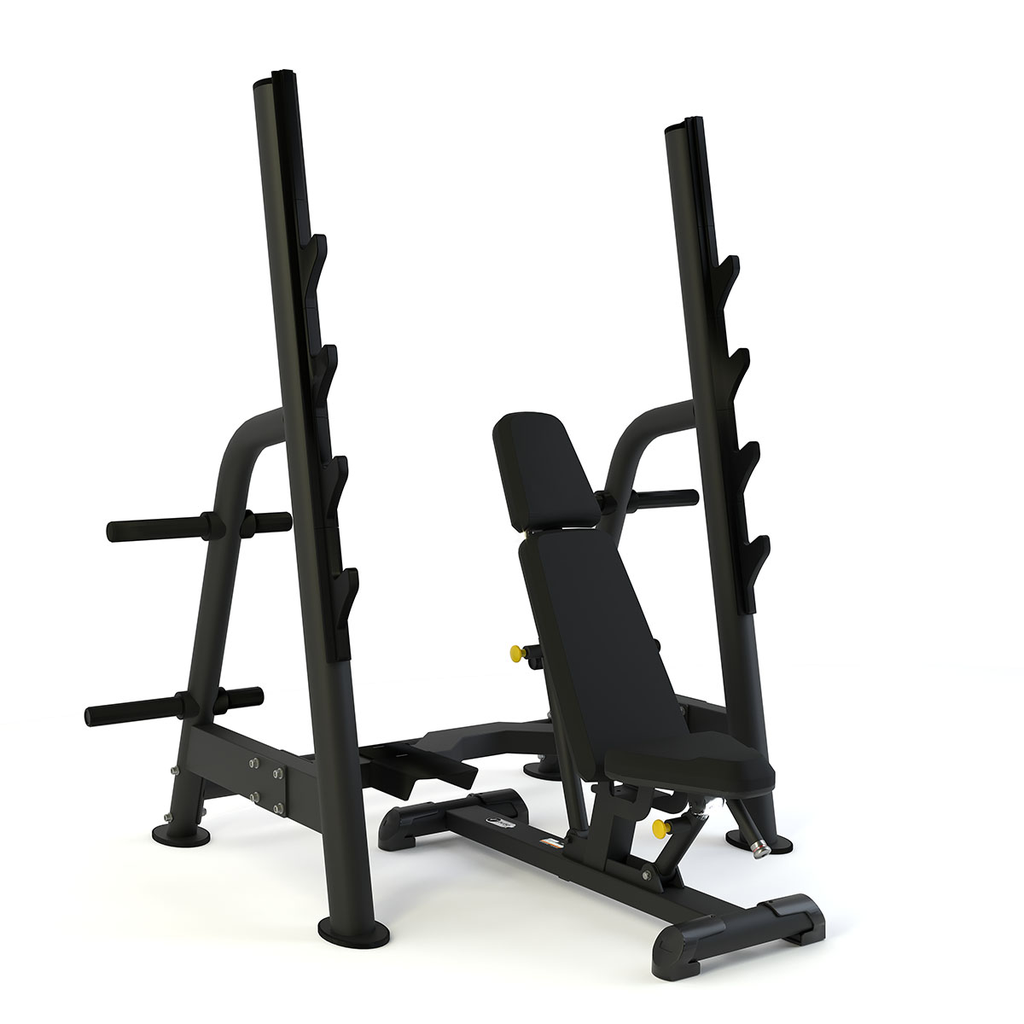 [PLS-STR-PLATE-044] Pulse Classic Olympic 4 in 1 Rack (inc. disc storage and Adjustable Incline Bench) in Sand Black with Black Upholstery