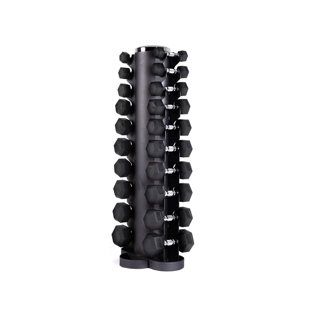 [PLS-STR-DUMBL-012] Pulse Club Line Rubber Covered Hex. Dumbbell Set 1Kg to 10Kg in 1Kg Increments with Ergo Handgrips (in Pairs) on a Vertical Du