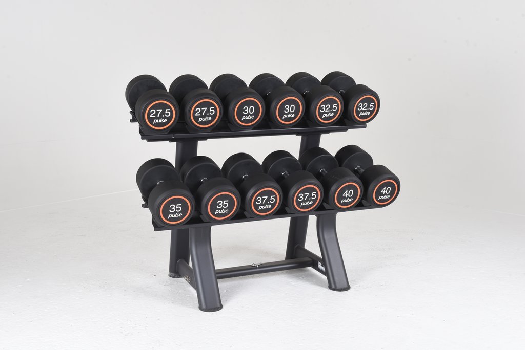 [PLS-STR-DUMBL-046] Pulse Club Line Rubber Covered Dumbbell Set 27.5kg-40kg in 2.5kg increments with Conical Handgrips (in Pairs) on a Double-Tier