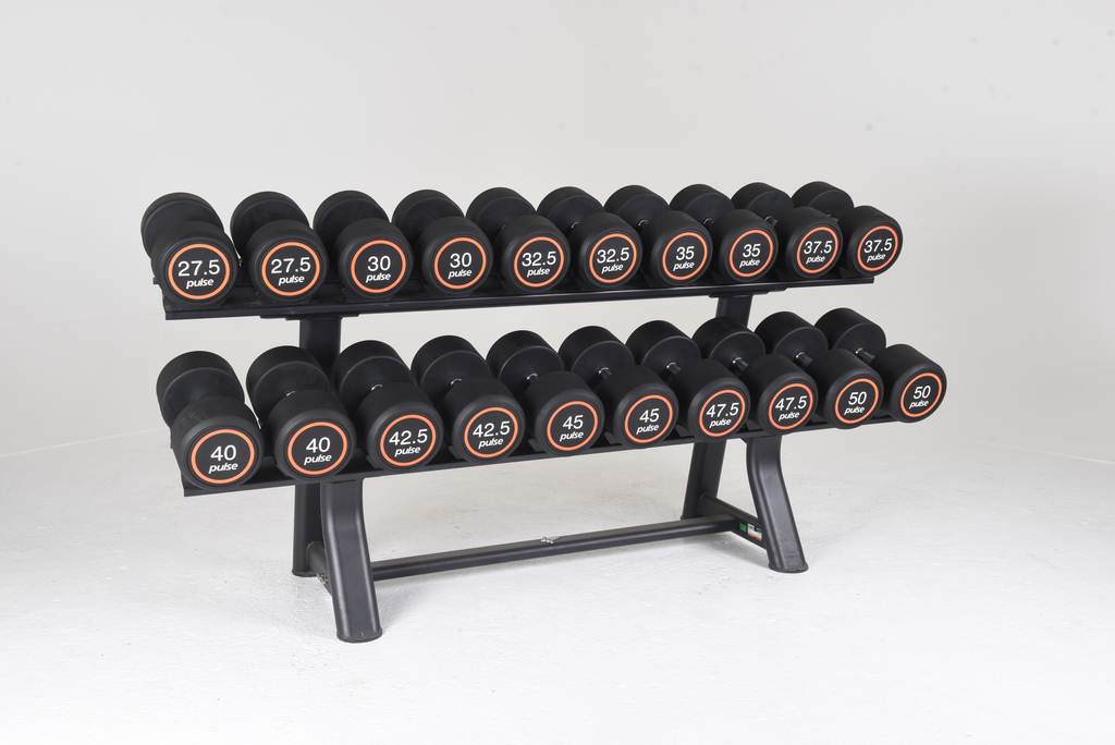 [PLS-STR-DUMBL-047] Pulse Club Line Rubber Covered Dumbbell Set 27.5kg-50kg in 2.5kg increments with Conical Handgrips (in Pairs) on a Double-Tier