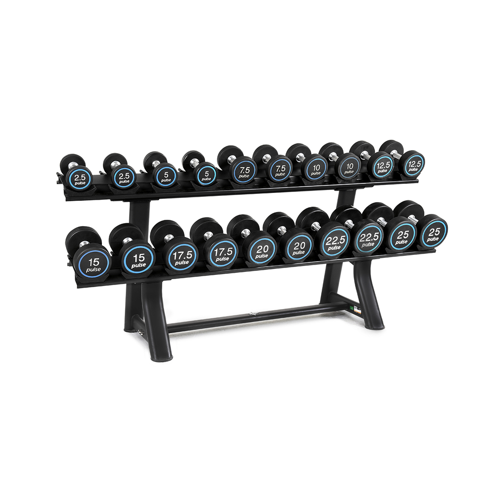 [PLS-STR-DUMBL-073] Pulse Premium Polyurethane Covered Dumbbell Set 2.5kg-25kg in 2.5kg increments with Conical Handgrips (in Pairs) on a Double-T