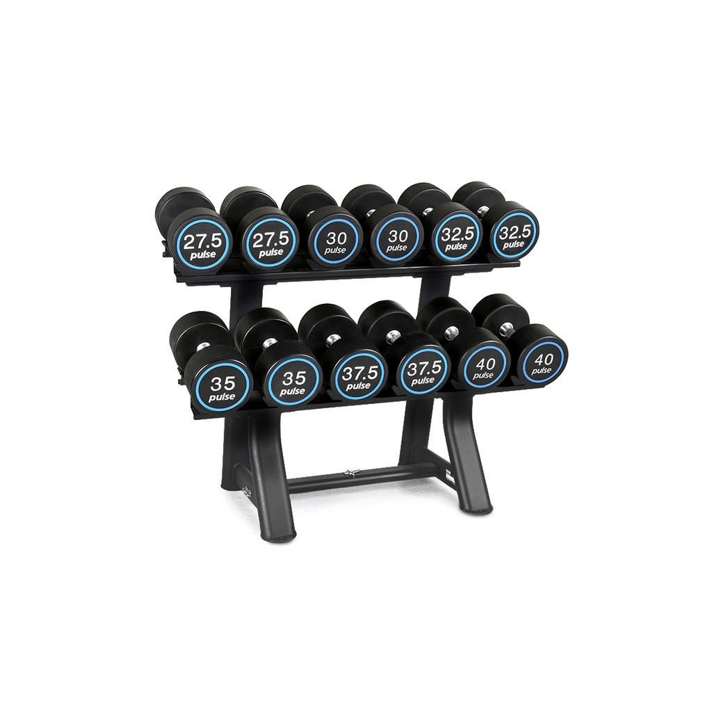 [PLS-STR-DUMBL-074] Pulse Premium Polyurethane Covered Dumbbell Set 27.5kg-40kg in 2.5kg increments with Conical Handgrips (in Pairs) on a Double-