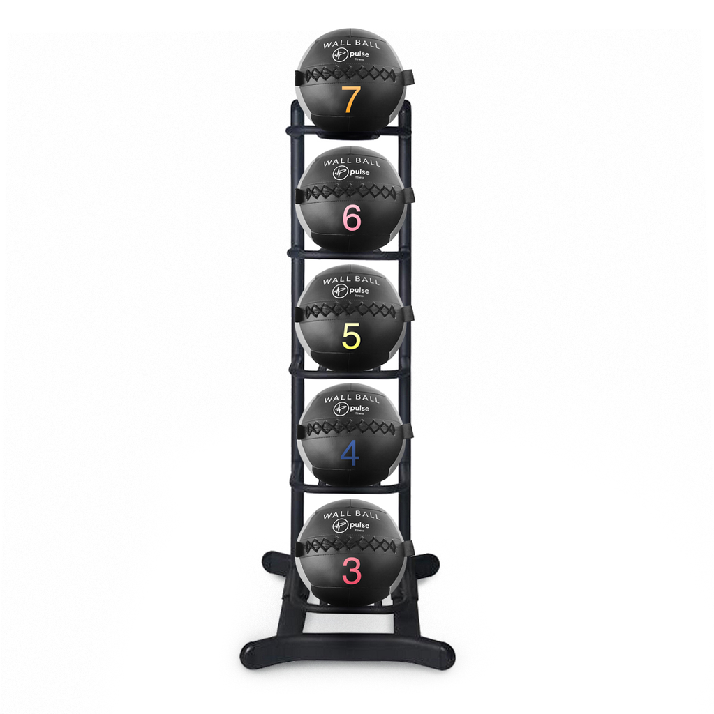 [PLS-ACC-RACK-013] Pulse Club Line Wall Ball Set 3kg - 7kg in 1kg increments on a Vertical Rack 38-331 (holds 5 Balls) in Sand Black